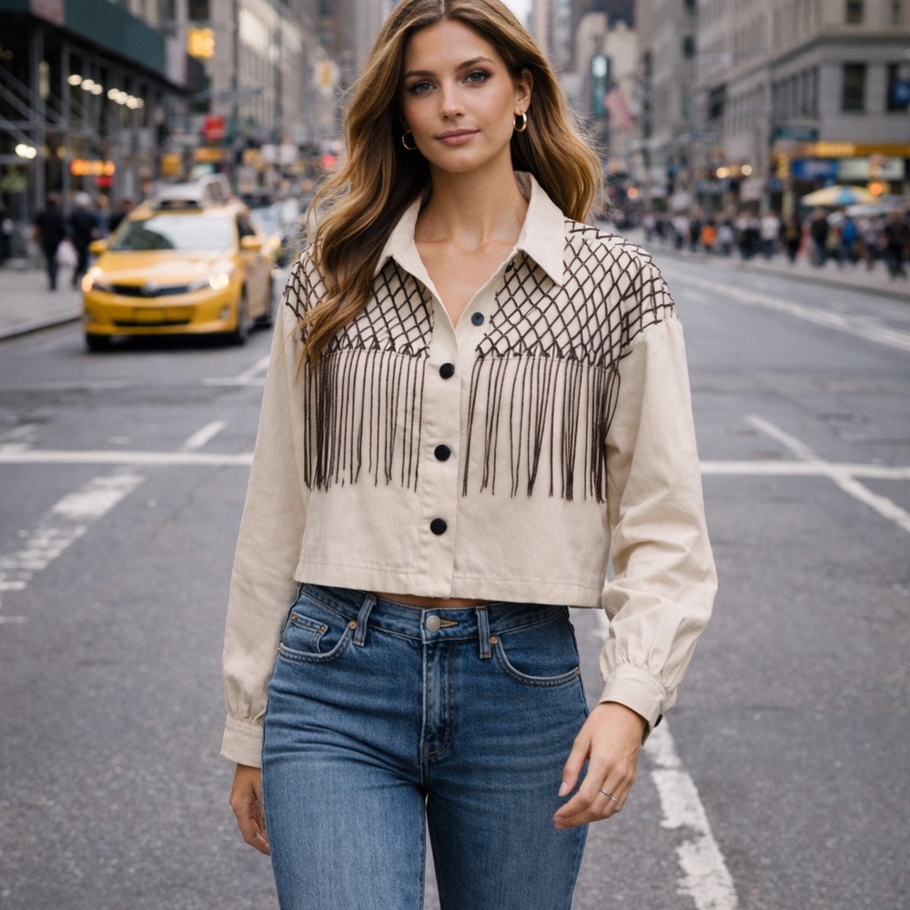 Velez Cream Western Fringe Jacket Lattice Detail Size S Like New